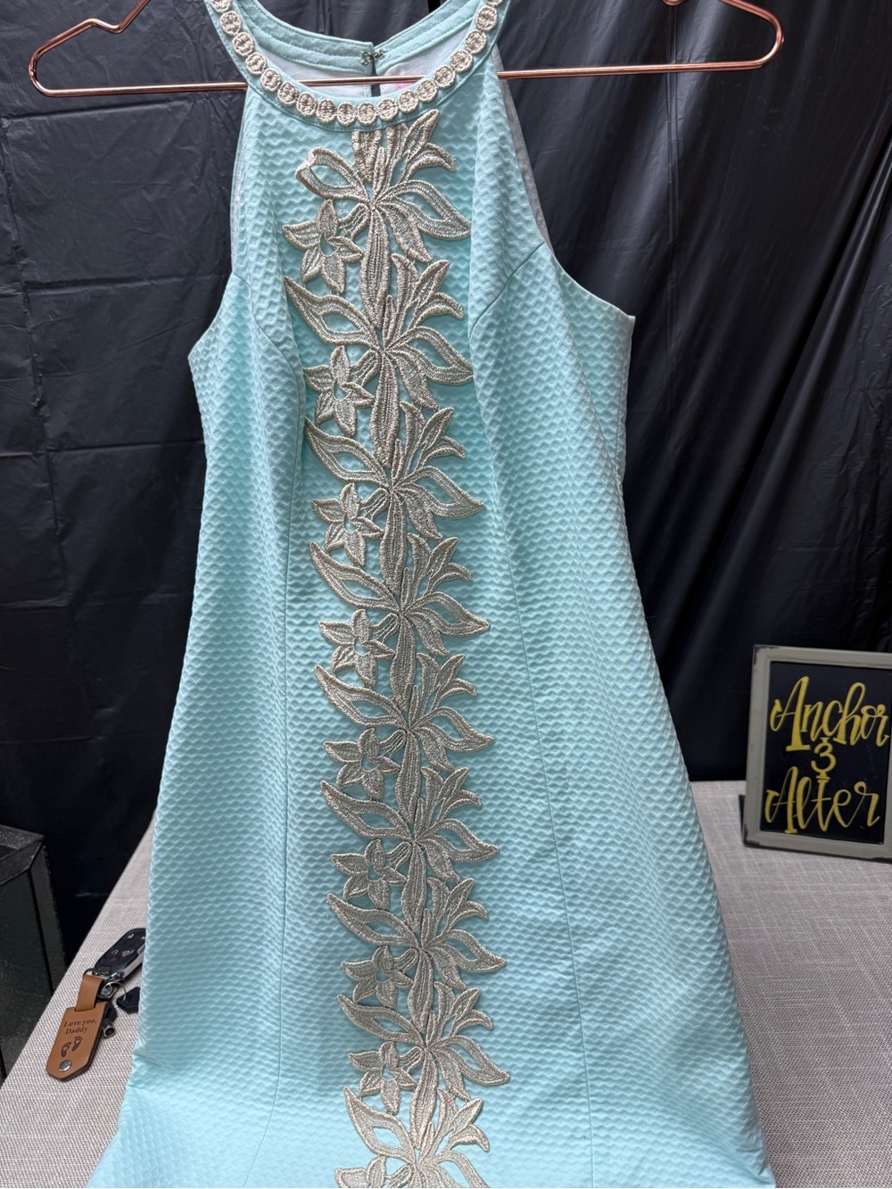 Lilly Pulitzer Aqua Halter Mini Dress with Metallic Floral Trim
